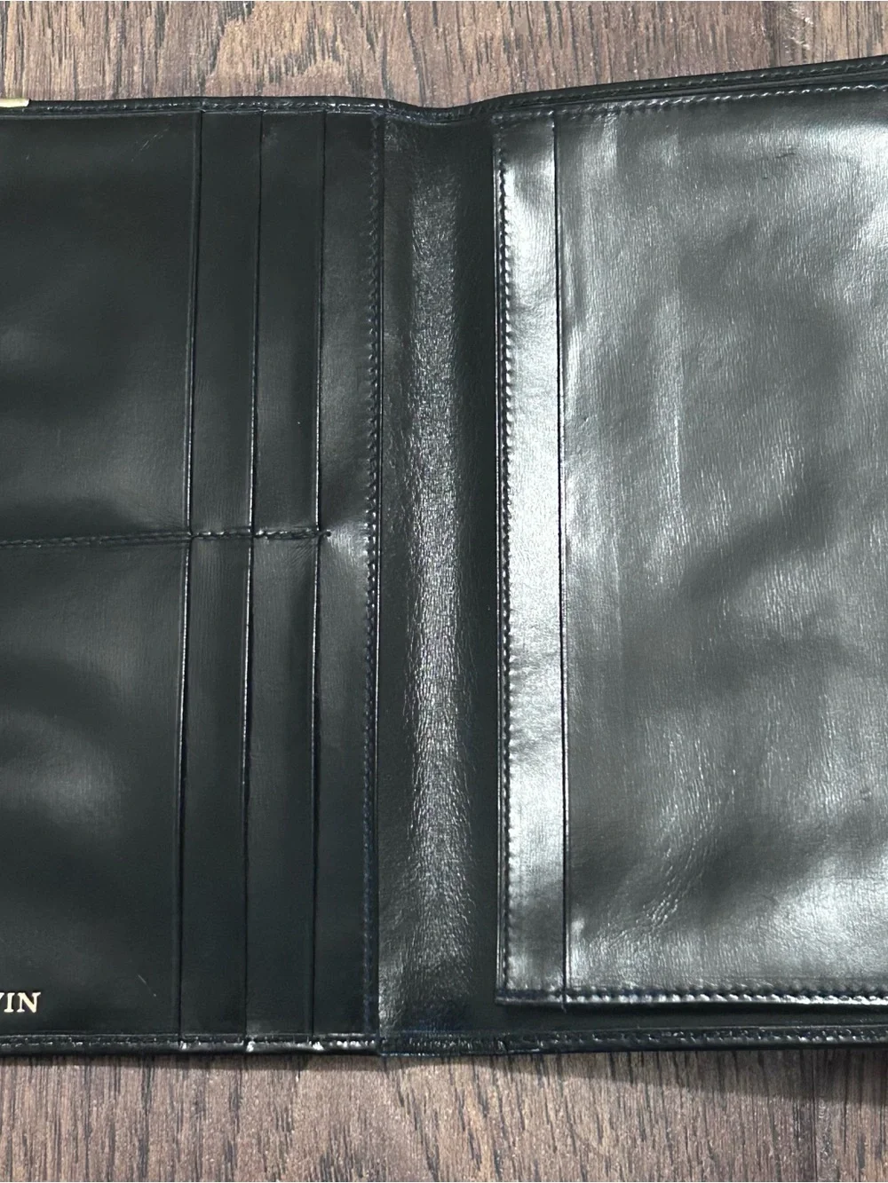 Vintage Lanvin EUC Black Leather Long Coat Wallet Bifold Gold Tips Italy